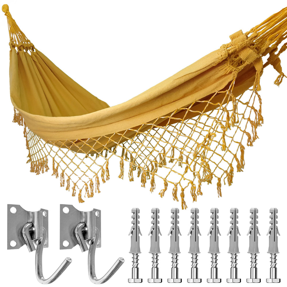 Kit Rede de Dormir Casal + Ganchos Costura Reforçada Cor:Amarelo