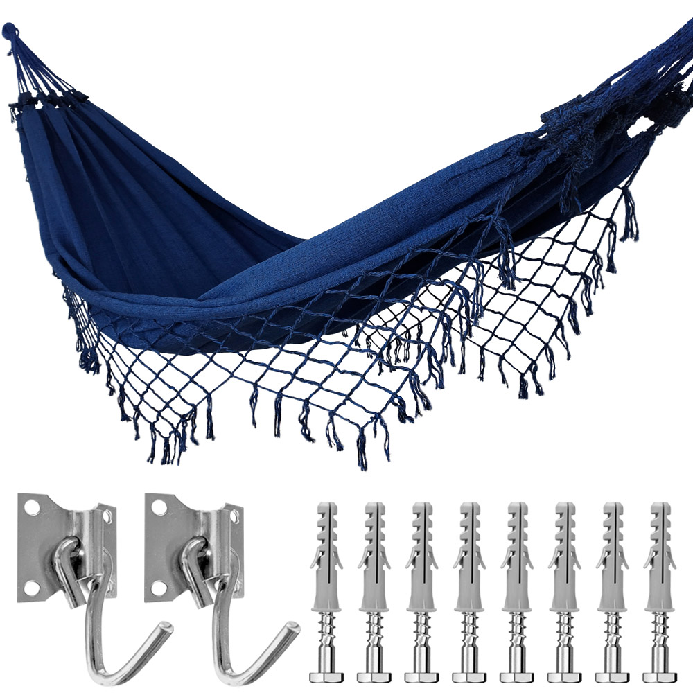 Kit Rede de Dormir Casal + Ganchos Costura Reforçada Cor:Azul e Preto