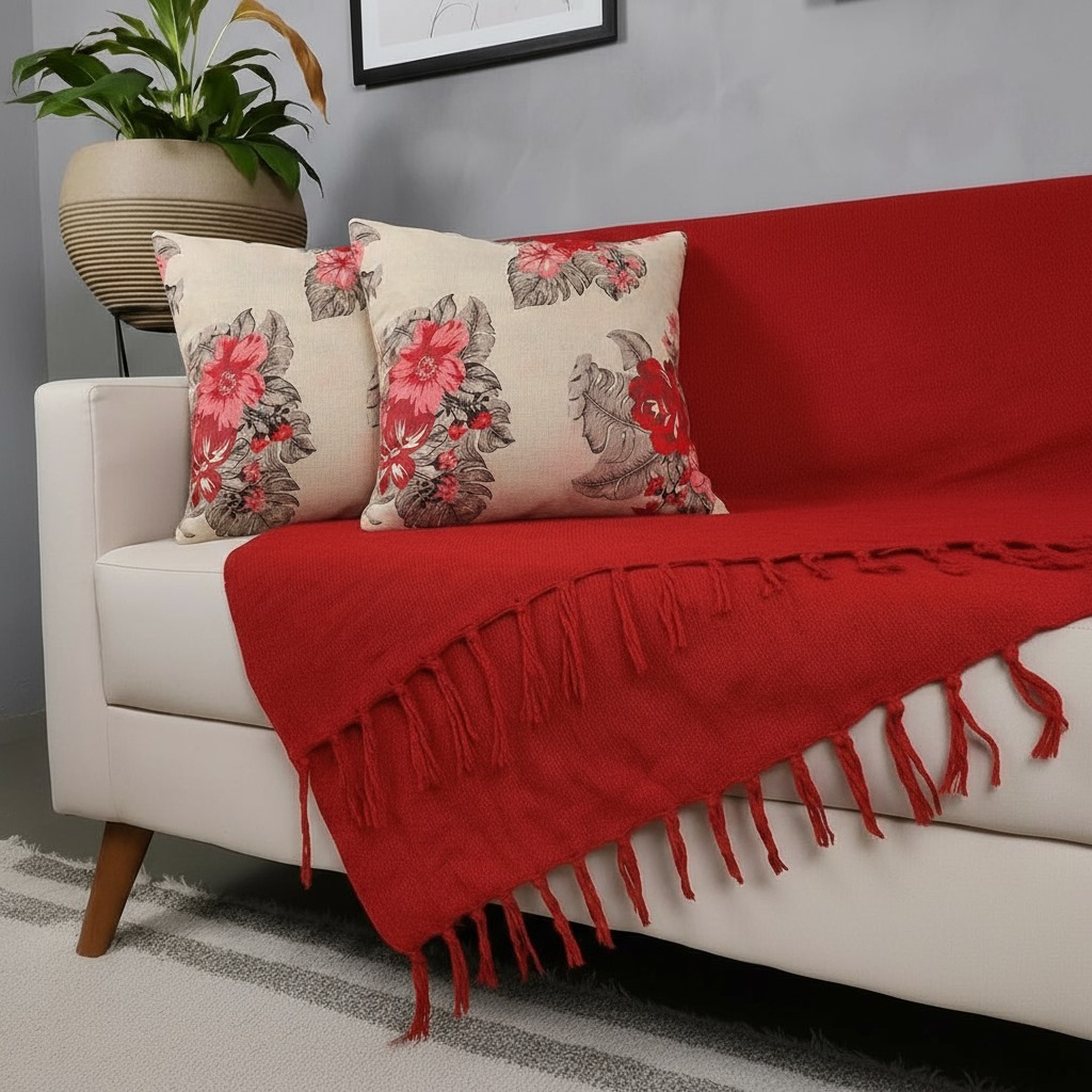 Kit Manta Para Sofá Vermelho + 2 Capas De Almofada Com Zíper Cor:01